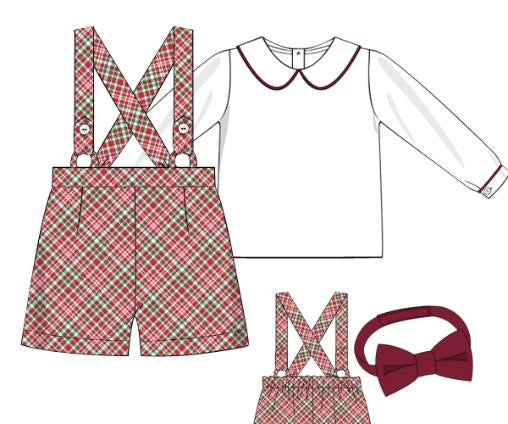 Red tartan suspender short set with white Peter Pan collar shirt