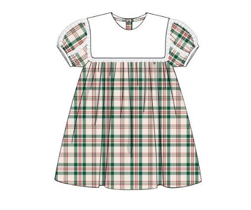 Green plaid puff sleeve dress with white square collar