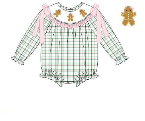White bubble with gingerbread embroidery, pink bows, and green plaid