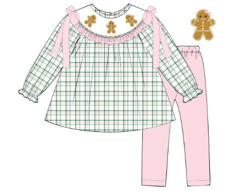 White gingerbread embroidered tunic with pink leggings and shoulder bows