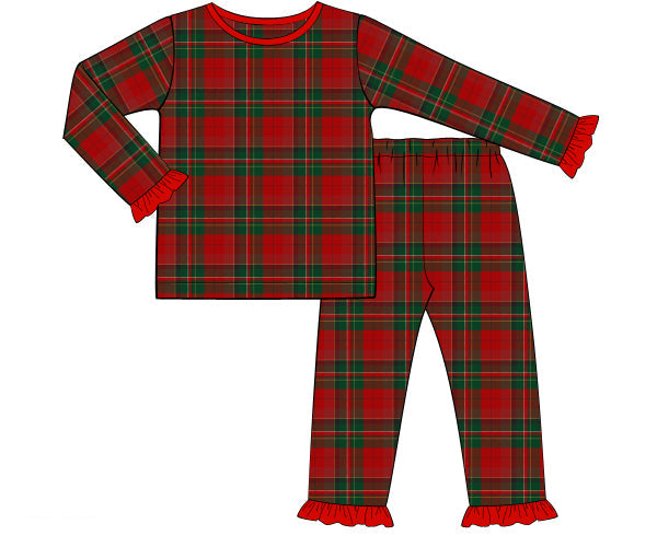 Red tartan pajama set with green plaid and ruffle cuffs