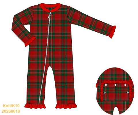 Red plaid zip pajamas with ruffle cuffs and ankles