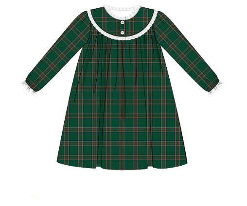 Green plaid long-sleeve dress with white lace collar
