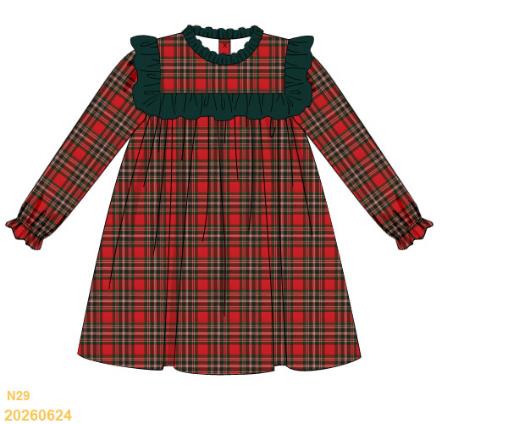 Red tartan long-sleeve dress with green ruffled yoke