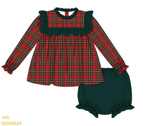Red tartan diaper set with green ruffle yoke and bloomers
