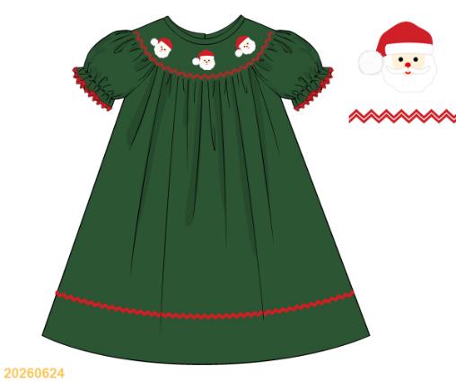 Green smocked dress with Santa embroidery and red trim