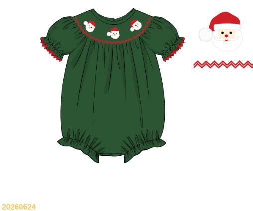 Green smocked bubble with Santa embroidery and red ruffle trim