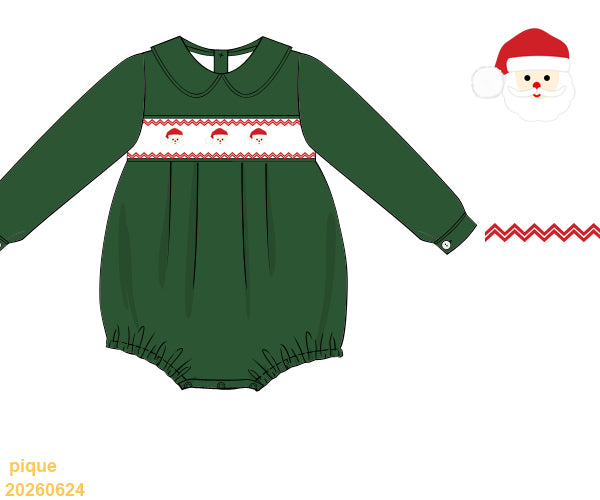 Green smocked bubble with Peter Pan collar and Santa embroidery