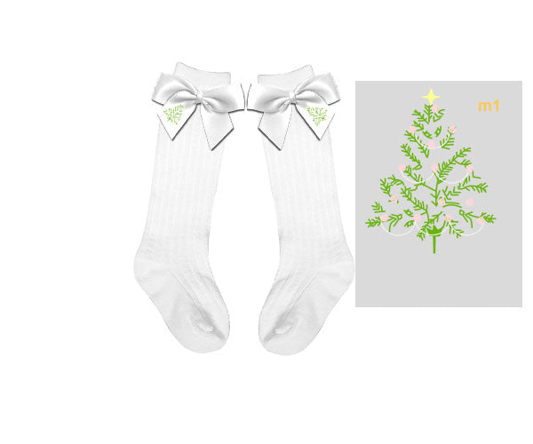 White knee-high socks with green tree embroidery and bows