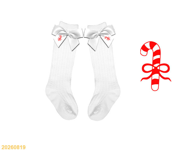 White knee socks with satin bows and candy cane embroidery