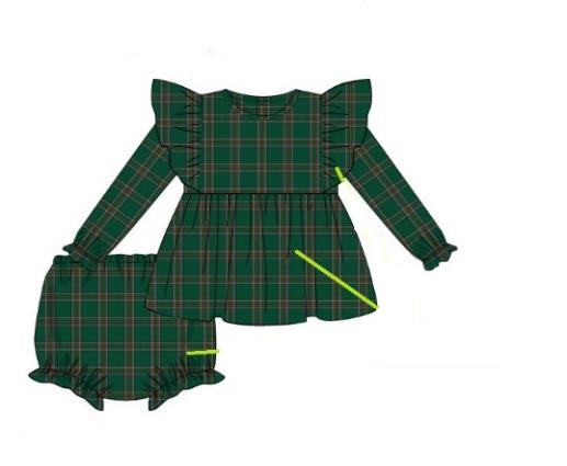 Green tartan ruffle dress with matching bloomers