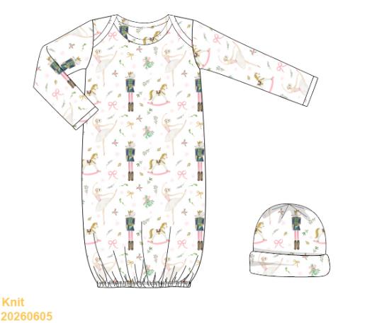White knit gown and cap with nutcracker ballet print