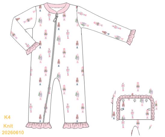 White nutcracker print footie with pink ruffle trim