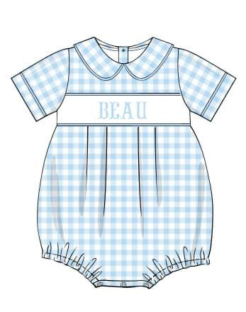 PRE-ORDER Hand Smocked Custom Name Boy Blue Gingham Bubble