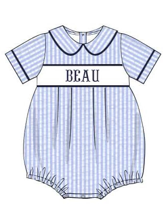 PRE-ORDER Hand Smocked Custom Name Boy Blue Seersucker Bubble