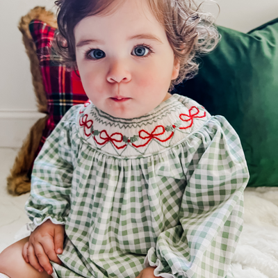 Blakely Red Bow Christmas Smocked Bishop Dress