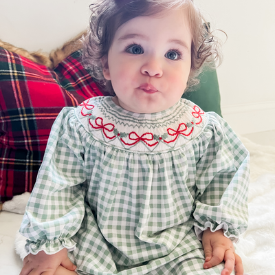 Blakely Red Bow Christmas Smocked Bishop Dress