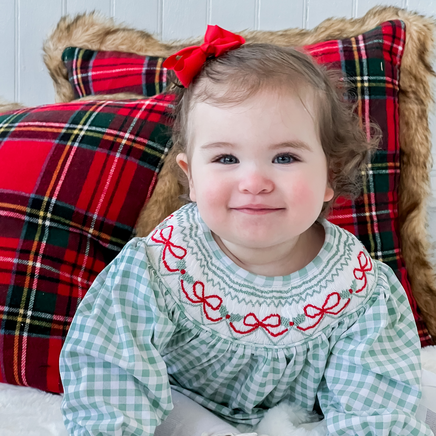 Blakely Red Bow Christmas Smocked Bishop Dress
