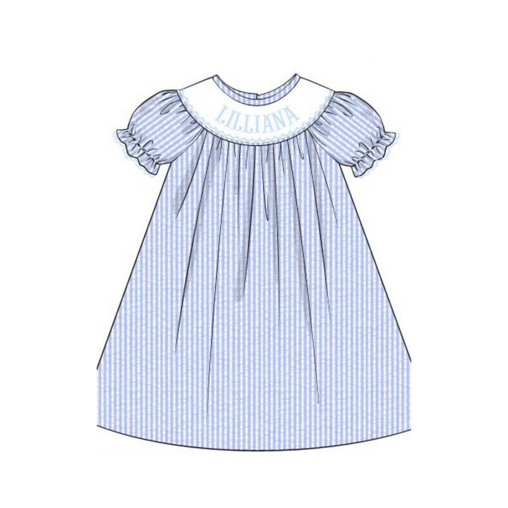 PRE-ORDER Hand Smocked Custom Name Blue Seersucker Dress