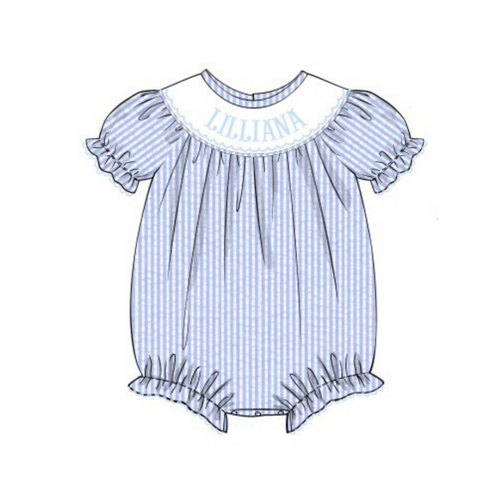 PRE-ORDER Hand Smocked Custom Name Blue Seersucker Bubble