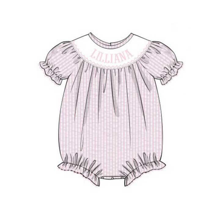 PRE-ORDER Hand Smocked Custom Name Pink Seersucker Bubble