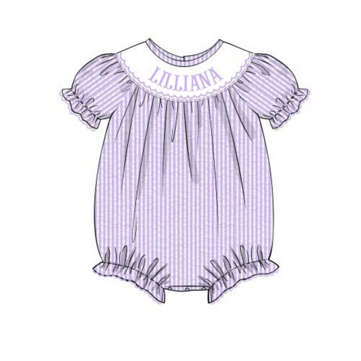 PRE-ORDER Hand Smocked Custom Name Purple Seersucker Bubble