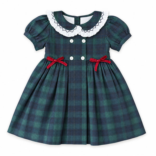 Ivy heirloom holiday dress in green plaid with red bows