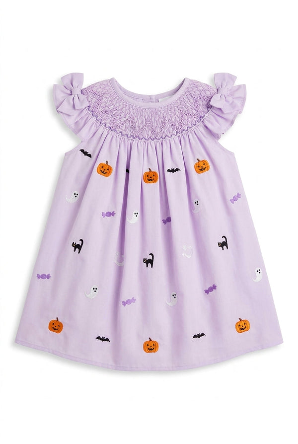 Lavender Sabrina smocked dress with pumpkins, ghosts and bats